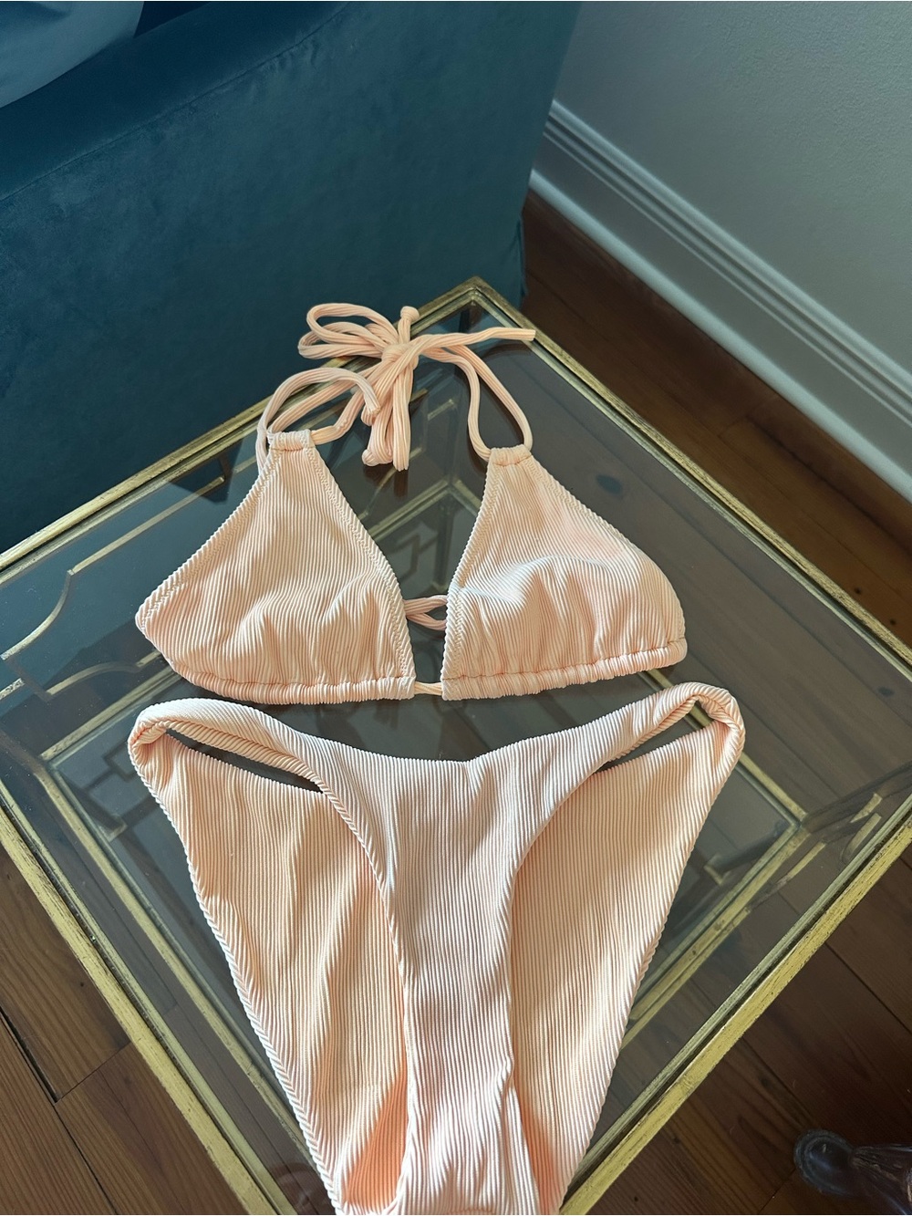 Peach Ribbed Triangle Bikini Set